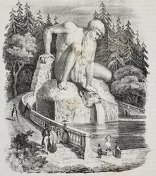 Colossus of Appennines (af Giambologna) i parken ved Villa Demidoff (Villa Medicea of ​​Pratolino), Vaglia, Toscana, Italien, litografi af Giovanni Mariani fra Poliorama Pittoresco, n 10, 15. oktober