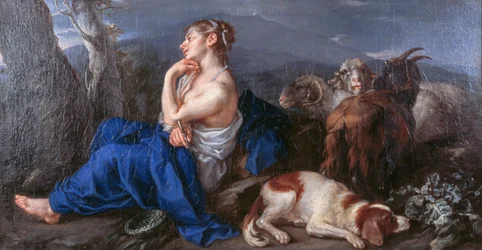 Erminia skriver navnet på sin elskede på træstammen, af Francesco Fernandi kendt som Imperiali (1679-1740), olie på lærred, 42x80 cm