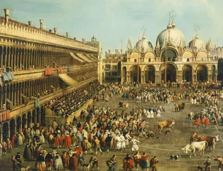 Tyrefægtning eller Tyrejagt på Piazza San Marco, af Giovanni Antonio Canal (1697-1768) og af Giovanni Battista Cimaroli (1687-efter 1753), olie på lærred, 99x145 cm