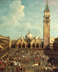 Tyrefægtning eller tyrejagt på Piazza San Marco, af Giovanni Antonio Canal, kendt som Canaletto (1697-1768) og af Giovanni Battista Cimaroli (1687-efter 1753), olie på lærred, 99x145 cm