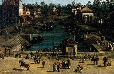 Udsigt over Mestre med Canale delle barche, detalje, ca. 1755-1760 (olie på lærred)