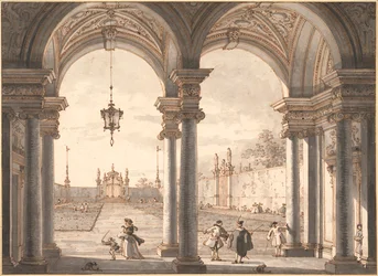 ""Udsigt over en barokkolonnade med udsigt over en have"" (Udsigt gennem en barokkolonnade ind i en have) Pentegning af Antonio Canal dit Canaletto (1697-1768) 1760-1768 Dim 33,1x45,4 cm Albertina , Wien