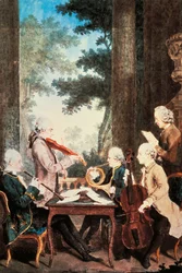 Koncert med obo, violin, horn og cello, af Louis de Carmontelle (1717-1806), akvarel. Frankrig