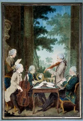 Herrerne Duport, Vachon, Rodolphe, Provers og Vernier - Portræt af en gruppe musikere under en koncert. Akvarel af Louis Carrogis (1717-1806), kaldet Carmontelle. 18. århundrede. 0,34 x 0,23 m. Chantilly, Musée Condé