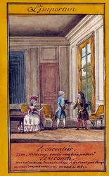 Den uvelkomne Illustration af en række ordsprog. Akvarel af Louis Carrogis dit Carmontelle (1717-1806) 1700-tallet. Chantilly, Conde Museum