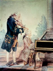 Wolfgang Amadeus Mozart (1756-1791) som barn ved klaveret med sin far Leopold. Akvarel af Louis Carrogis Carmontelle (1717-1806), 1777, Paris, Musée Carnavalet