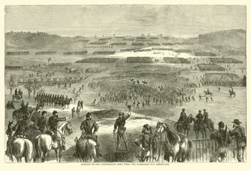 Den konfødererede hærs position, da overgivelsen blev annonceret, april 1865 (gravering)