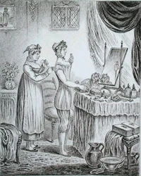 Progress of the Toilet: the Stays, ætset af James Gillray (1757-1815) udgivet af Hannah Humphrey i 1810 (ætsning)