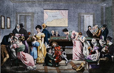 Billardrum i det nittende århundrede, indgraveret af Market (farve litho)