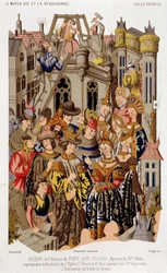 Scene af Fort Roy de Clovis historie. Mysteriet fra det 15. århundrede, der repræsenterer grundlaget for kirken St. Peter og St. Paul, i dag Saint Genevieve. (fra) Malet lærred af byen Reims.