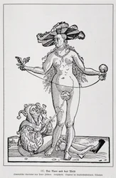 Kvinde og galning, der kilder sin penis med en blomst, "Der Rarr und das Weib "", "Geschichte des Erotischen Kunst"af Edouard Fuchs, Berlin