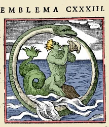 En triton og en ouroboros, illustration "Emblemer" (Emblemer af hæftet) af Andrea Alciati (farve litho)