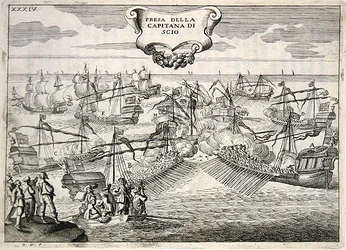Galeoner og Galeasses kæmper: tilfangetagelse af kaptajnen på øen Chios, illustration fra 