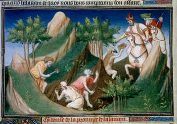 Udvinding af rubiner fra bjerget Sighinan efter ordre fra kongen af Badakhchan (regionen af Persien) Miniature taget fra "" The Book of Wonders""" ("" Devisement of the World""", "" Il Milione") af Marco Polo (1254-1324) illustreret af Mesteren af