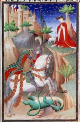 Side af manuskriptet "" Les Tres Riches Hours du Duke Francois de Guise"" oplyst af Mesteren af Boucicaut: repræsentation af Sankt Georg og dragen. 15. århundrede. Musee Conde, Chantilly
