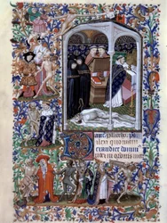 Scene med funebre ceremoni og makaber dans Miniature taget fra "Book of Hours for the Use of Paris"" oplyst af Atelier du Maitre d Boucicaut, cirka 1415. Paris, B.N.