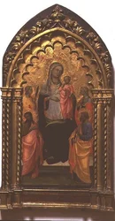 Madonna og barn med hellige (tempera på panel)