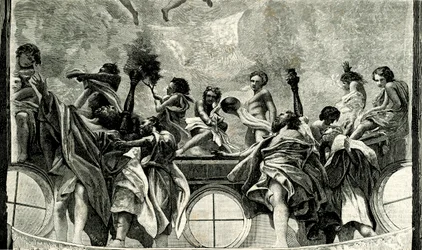 Assumption of Virgin, detalje fra fresco af Correggio (1489-1534), kuppel af Parma-katedralen, Emilia Romagna, Italien, træsnit fra Le cento citta d