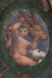 Putti, hund og rådyr, detalje
