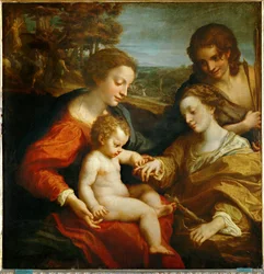 Den hellige Katarina af Alexandrias mystiske ægteskab med Jesusbarnet og den hellige Sebastian ...