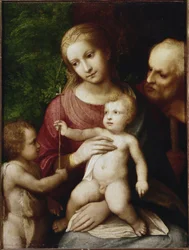 Hellig familie med Johannes Baptist som barn (olie på poppelpanel