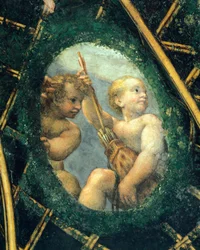 Æggeformet med keruber, fresko af Antonio Allegri Da Correggio (1489-1534) Abbedissens værelse, San Paolo Kloster, Parma, Italien