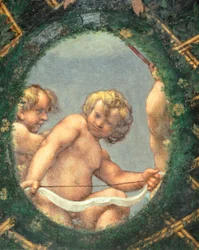 Æggeformet med keruber, fresko af Antonio Allegri Da Correggio (1489-1534) Abbedissens værelse, San Paolo Kloster, Parma, Italien