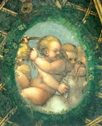 Æggeformet med keruber, fresko af Antonio Allegri Da Correggio (1489-1534) Abbedissens værelse, San Paolo Kloster, Parma, Italien