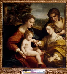 Det mystiske ægteskab mellem Saint Catherine af Alexandria med Saint Sebastian Maleri af Antonio Allegri (dit Correggio eller Le Correge 1489-1534) 1500-tallet søn. 1,05x1,02 m Paris, Musée du Louvre.