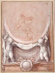To putti, der understøtter en medaljon, hvorpå den skybårne Kristus er repræsenteret (rødt kridt på hvidt papir)
