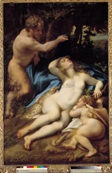Venus, Satyr og Amor Maleri af Antonio Allegri (hans Correggio eller Le Correge 1489-1534) 1525 Søn. 1,88x1,25 m