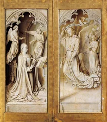 Bebudelse i grisaille (monokromatisk grå), udvendige vinger af triptykonaltertavle (ca. 1489-1502) af Master of Moulins, i katedralen Notre-Dame, Moulins, Frankrig.