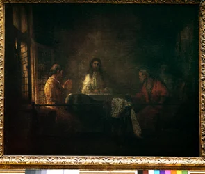 Emmaus Kristi pilgrimme viser sig for pilgrimmene, der sidder ved et bord i en kro i Emmaus. Maleri af Harmensz van Rijn dit Rembrandts værksted (1606-1669)