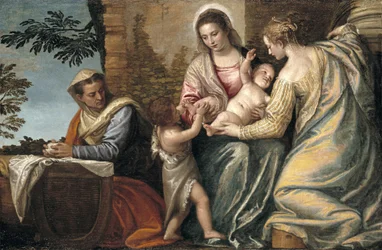 Madonna og barn med St. Elizabeth, spædbarnet St. John the Baptist og St. Justina, 1565-70