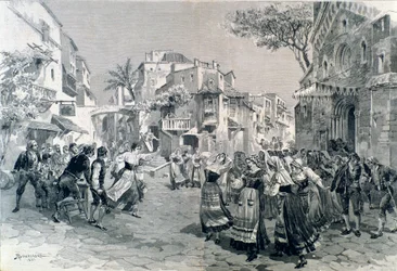 Slutscenen af ​​Cavalleria rusticana, opera af Mascagni, på teatro alla scala i 1891