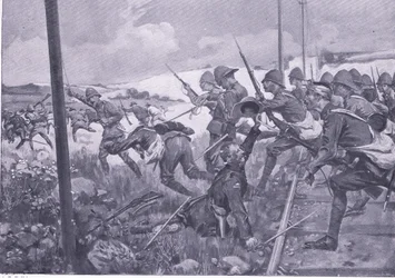 Anklagen for de skotske fusiliers i Fredrikstad, illustration fra After Pretoria: The Guerilla War, 1902