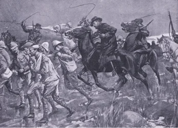De Wets behandling af britiske krigsfanger på marchen, illustration fraAfter Pretoria: The Guerilla War, 1902