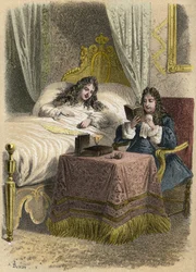 Louis XIV, konge af Frankrig, kunne godt lide at høre Jean Racine læse og bragte ham ind, da han var syg. Stik af A. Duruy i "" litterære illustrationer af Frankrig; guld, anekdotisk galleri af vores hovedforfattere interesseret i deres handlinger og deres