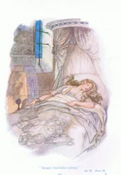 Imogen var faldet i søvn (Cymbeline), fra Tales from Shakespeare pub. af Ward Lock & Co Ltd