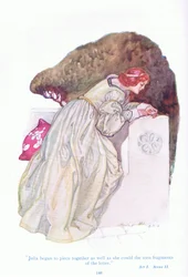 Julia begyndte at samle så godt hun kunne de iturevne fragmenter af brevet (Two Gentlemen of Verona), fra Tales from Shakespeare pub. af Ward Lock & Co Ltd