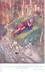 Oberon forlod klovnen for at afslutte sin søvn med sit tåbehoved på skuldrene (A Midsummer Night