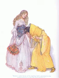 Romeo under fordel af sin maskeringsvane, formodes på den blideste måde at tage hendes hånd og kysse den (Romeo og Julie), fra Tales from Shakespeare pub. af Ward Lock & Co Ltd