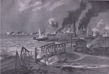 Ødelæggelse af et skibsværft i Bari (Italien) af østrig-ungarske torpedo-destroyere, fra The Illustrated History of the World War 1914-1915 pub. af Union Berlagsefellfchaft