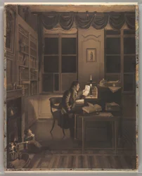 Tegning, interiør med en mand, der læser ved sit skrivebord, 1827