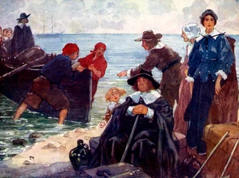 En gruppe landflygtige fortøjede deres bark ved den vilde kyst i New England, 1620, 1905.