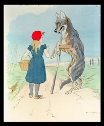 Illustration til "Lille Rødhætte" af Charles Perrault (1628-1703) (farvestik)