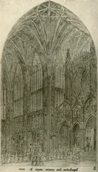 Arkitektonisk tegning: udsigt over orgelskærm og antikapel, 1833-1834, 1906.