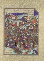 Kai Khusrau besejrer Army of Makran, Folio 376v fra Shahnama Book of..., ca. 1525-30.