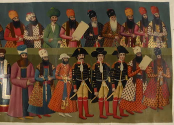 Tilføj Eller. 1241 Court of Fath Ali Shah med britiske udsendinge Sir John Malcolm, Sir Harford Jones Brydges og Sir Gore Ouseley. Delvis billede af Nigaristan Palace Mural