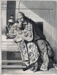 Manden fyldt med ondskab: en mand med en dobbelt frakke af kvindehoveder mediterer med en abe ved siden af. Gengivelse af et tryk af Abraham Bosse (1604-1676).